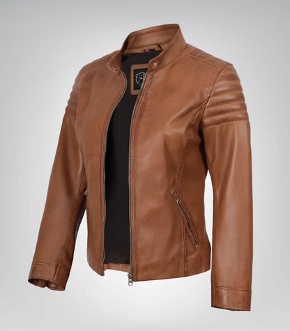 Women’s tan real lambskin leather motorcycle jacket