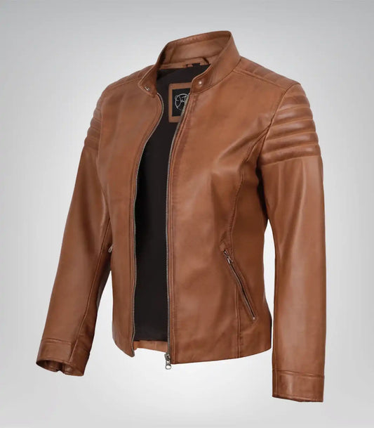Women’s tan real lambskin leather motorcycle jacket