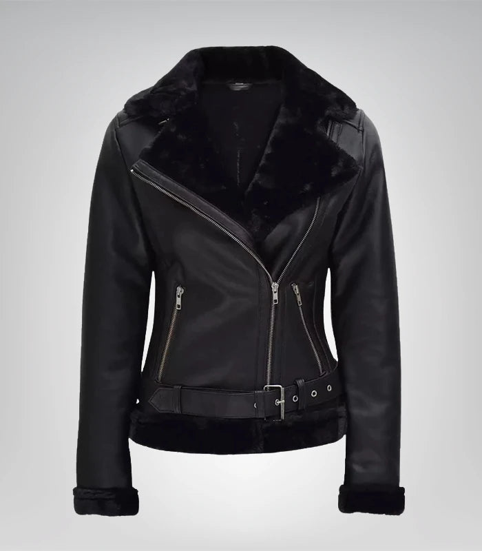 Women's black asymmetrical shearling leather jacket – stylish outerwear