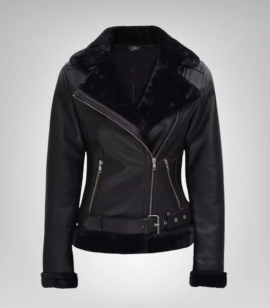 Women's black asymmetrical shearling leather jacket – stylish outerwear