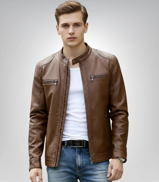 Casual Dark Brown Café Racer Leather Jacket For Men’s