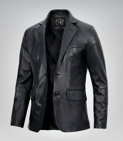 Men’s Two-Button Black Leather Blazer with Notch Lapel