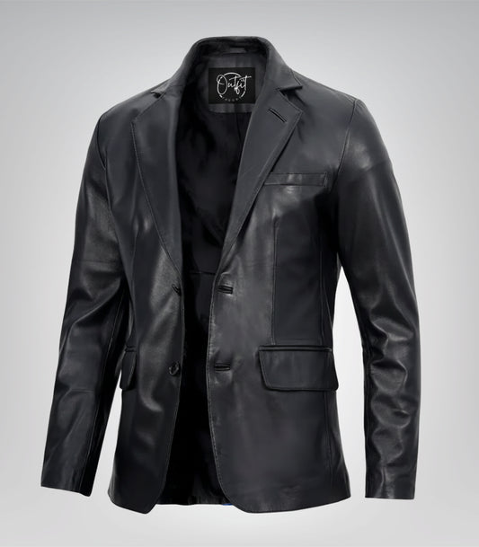 Men’s Two-Button Black Leather Blazer with Notch Lapel