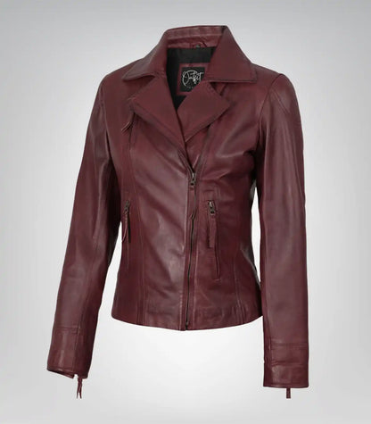 Women’s burgundy real lambskin leather motorcycle jacket