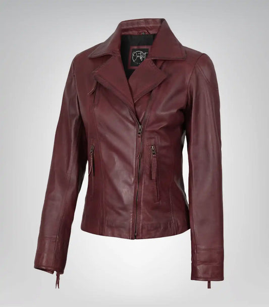 Women’s burgundy real lambskin leather motorcycle jacket