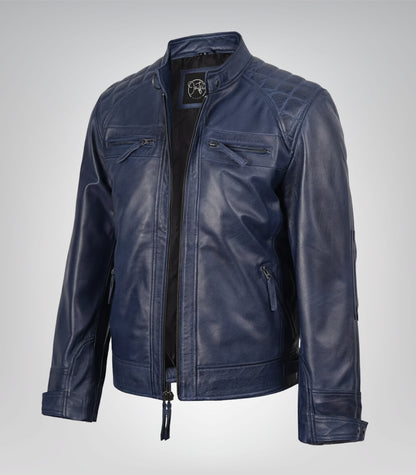 Men’s Blue Waxed Leather Biker Jacket with Quilted Shoulders