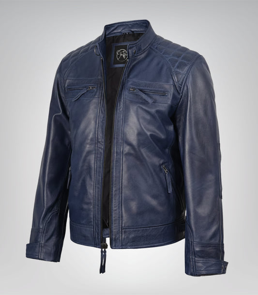 Men’s Blue Waxed Leather Biker Jacket with Quilted Shoulders
