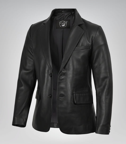Men’s black leather blazer with two-button closure and notch lapel