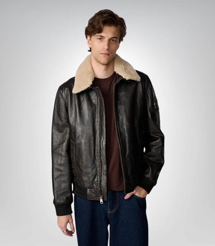 Men's leather aviator bomber jacket – brown with fur lined hood