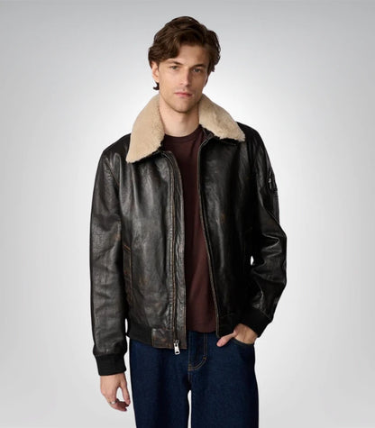 Men's leather aviator bomber jacket – brown with fur lined hood