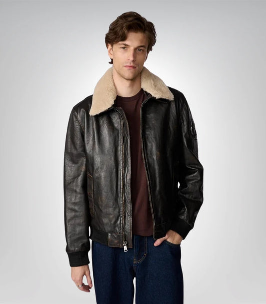 Men's leather aviator bomber jacket – brown with fur lined hood
