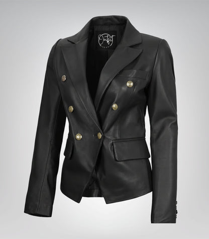 Kim women’s black leather blazer with double-breasted design