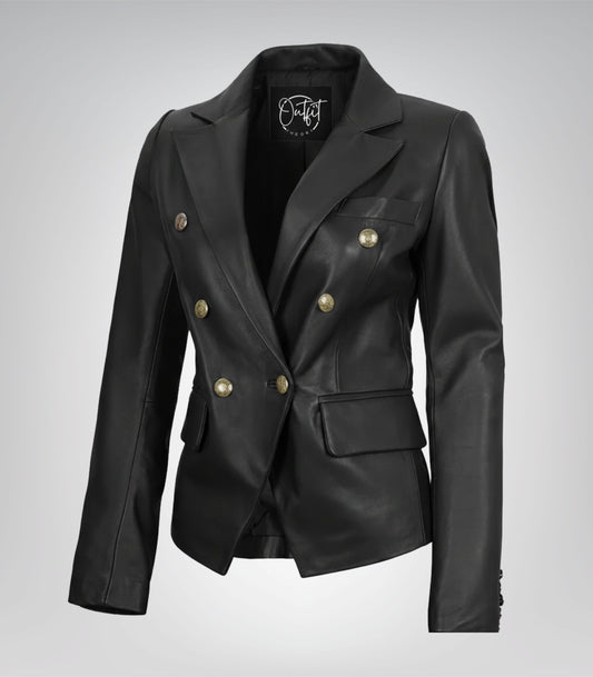 Kim women’s black leather blazer with double-breasted design