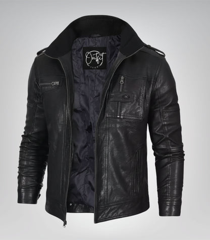 Men’s Black Washed Leather Motorcycle Jacket