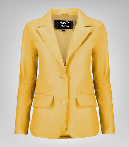 Women’s classic yellow lambskin leather blazer jacket – elegant everyday look