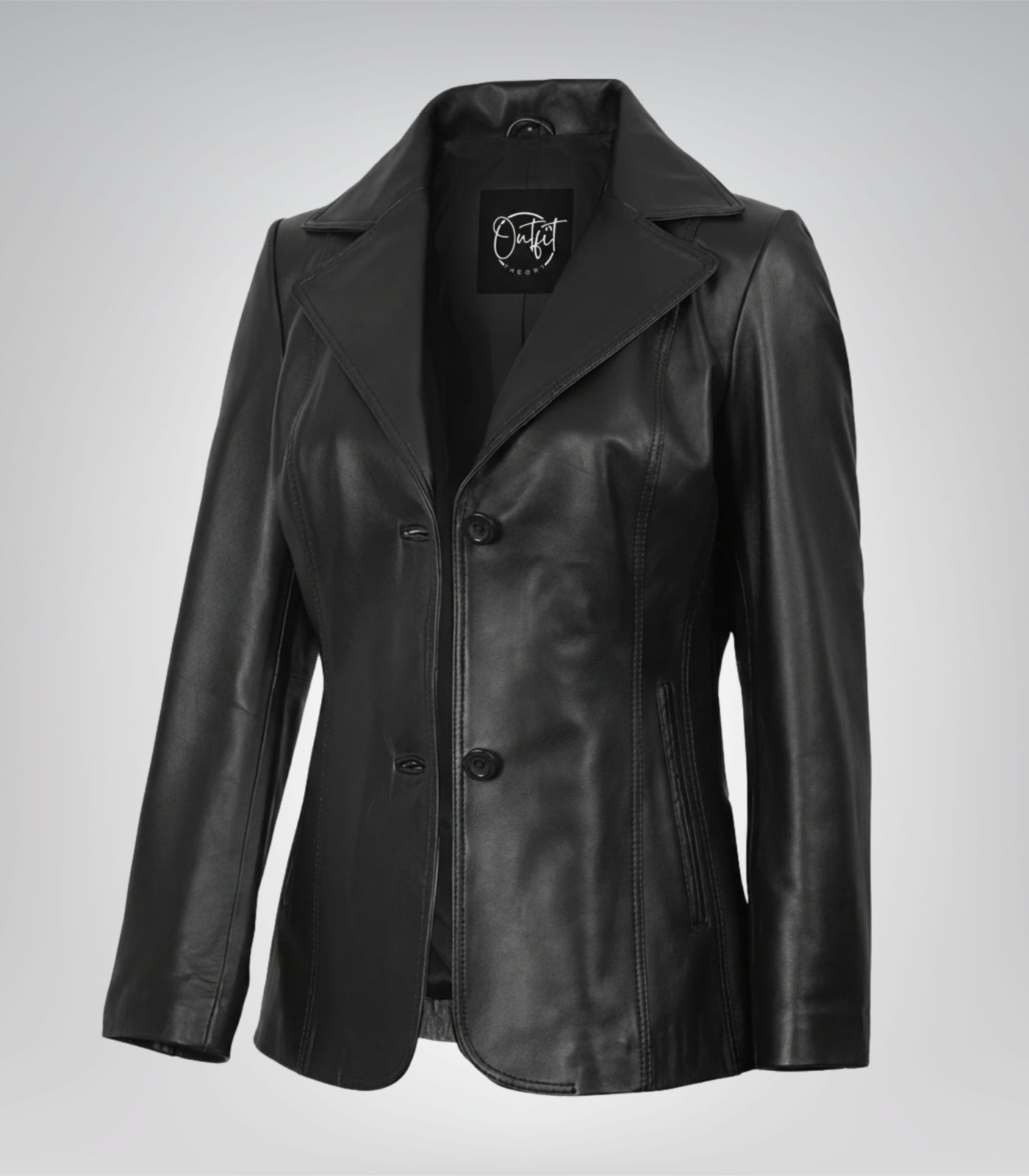 Women’s black leather blazer with two-button closure
