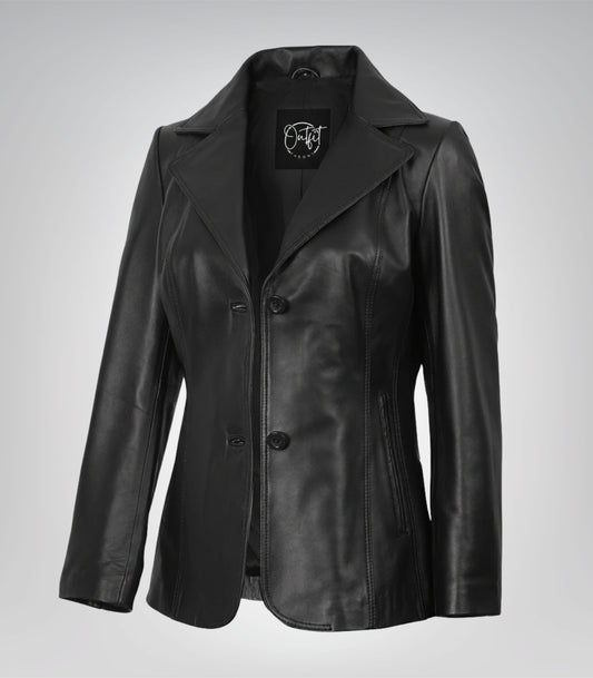 Women’s black leather blazer with two-button closure