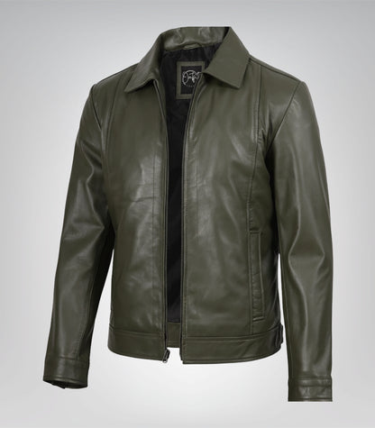 Men’s Olive Green Leather Jacket with Classic Shirt Collar