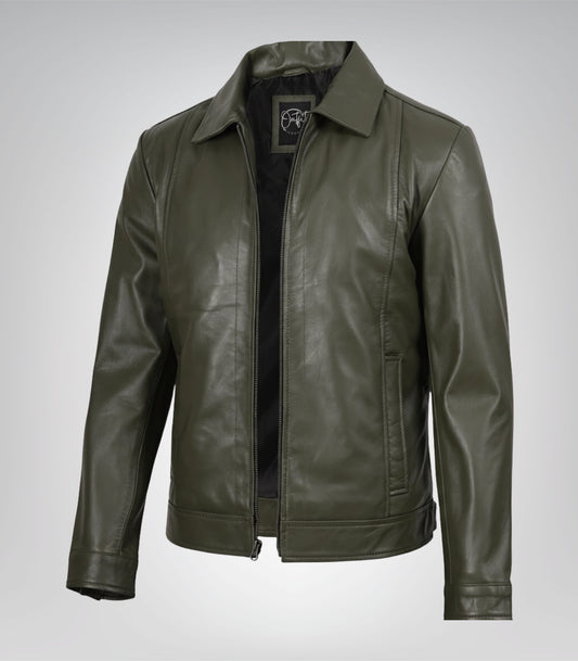 Men’s Olive Green Leather Jacket with Classic Shirt Collar