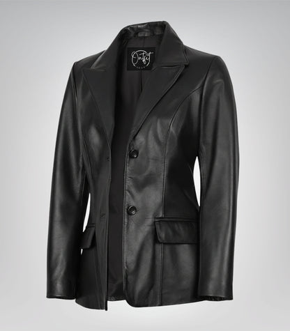 Women’s Black Leather Blazer – Classic Two-Button Genuine Lambskin Jacket