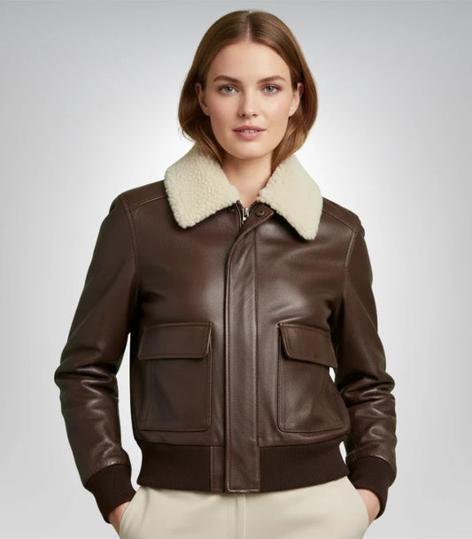 Women's shearling aviator bomber jacket – classic leather coat