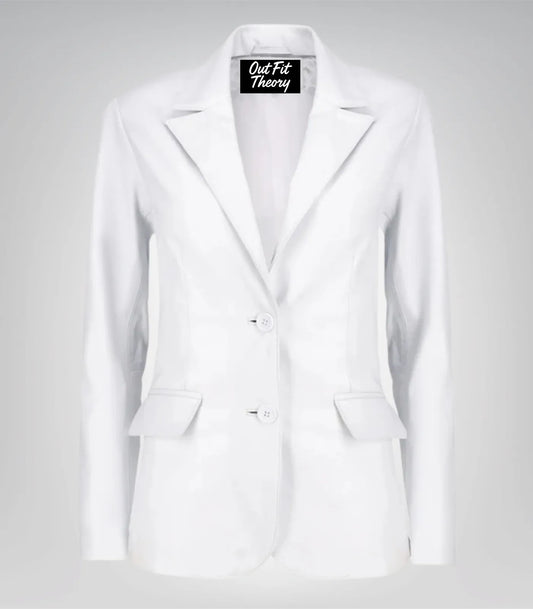 Women’s classic white lambskin leather blazer jacket – elegant everyday look