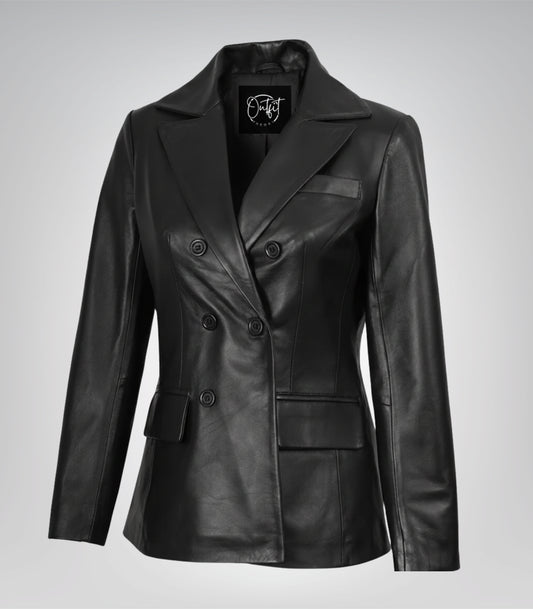 Women’s black leather coat with double-breasted design