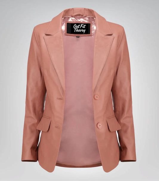 Women’s classic pink lambskin leather blazer jacket – elegant everyday look