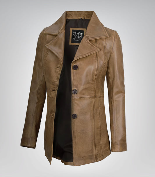 Women’s camel leather blazer with three-button closure