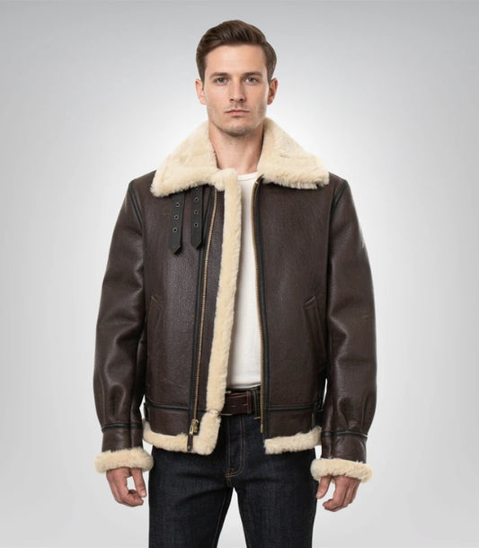 Men's brown shearling leather jacket – timeless traditional outerwear