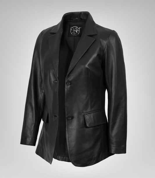 Shannon women’s black leather blazer with two-button closure