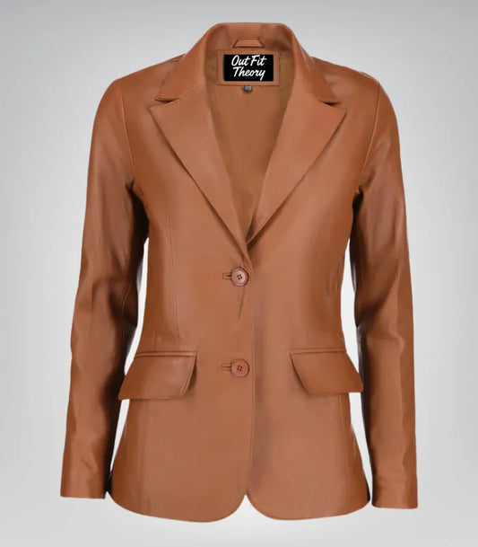 Women’s classic cognac lambskin leather blazer jacket – elegant everyday look