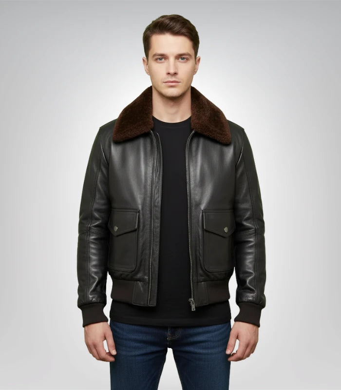 Men's black shearling bomber leather jacket – classic aviator style