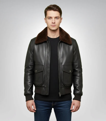 Men's black shearling bomber leather jacket – classic aviator style
