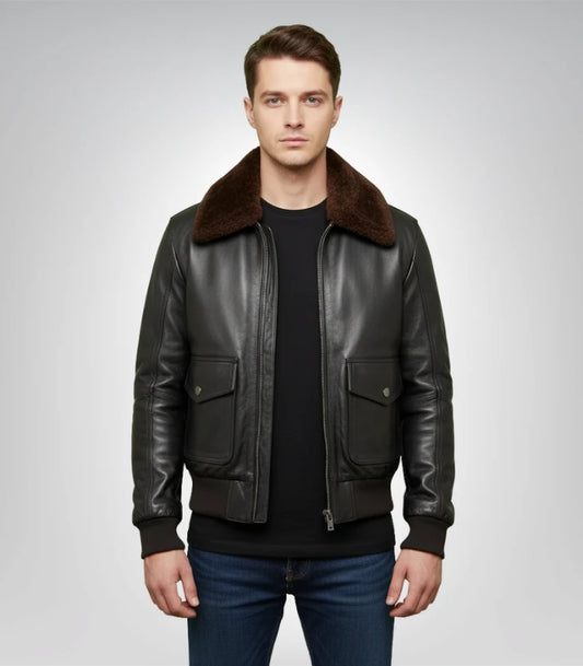 Men's black shearling bomber leather jacket – classic aviator style