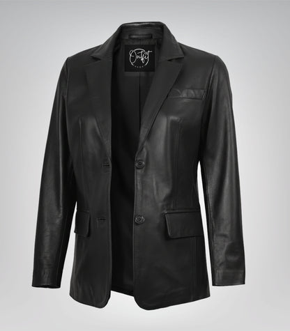 Women’s Two-Button Black Leather Blazer Jacket – Classic
