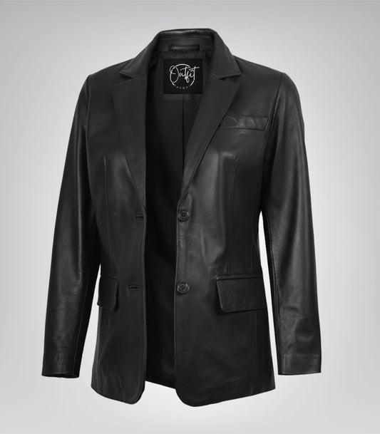 Women’s Two-Button Black Leather Blazer Jacket – Classic