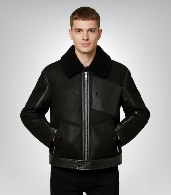 Men's jet black shearling leather jacket – classic style coat