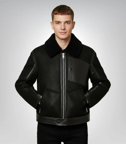 Men's jet black shearling leather jacket – classic style coat