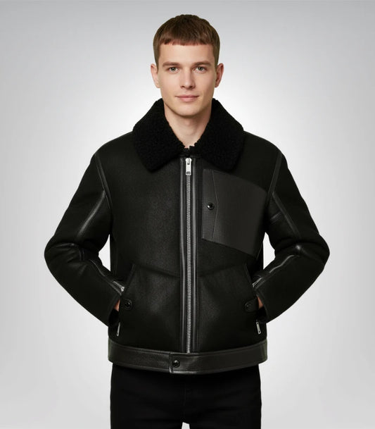 Men's jet black shearling leather jacket – classic style coat