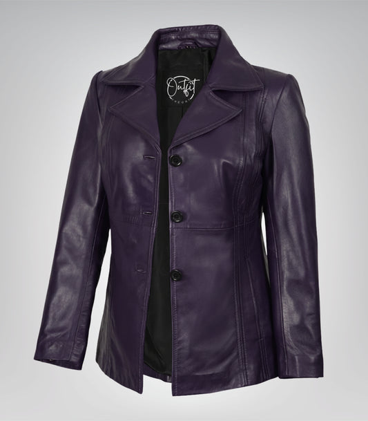 Women’s purple leather blazer with three-button closure