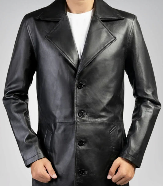 Men’s classic black real leather trench coat – timeless long overcoat design