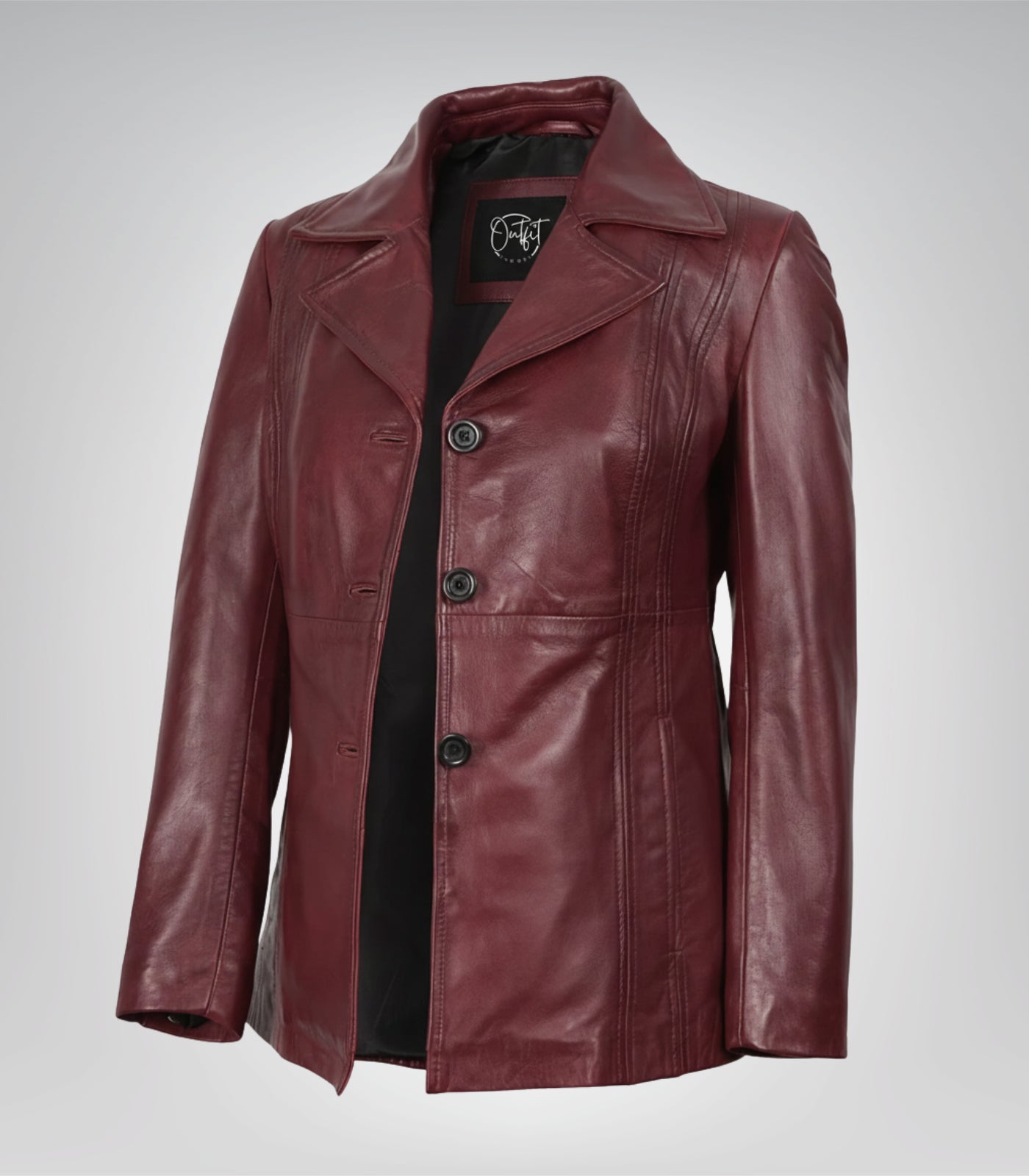 Women’s burgundy leather blazer with three-button closure