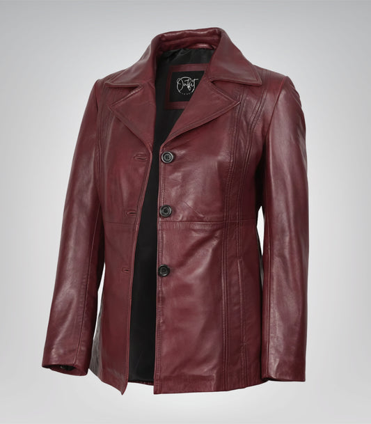Women’s burgundy leather blazer with three-button closure