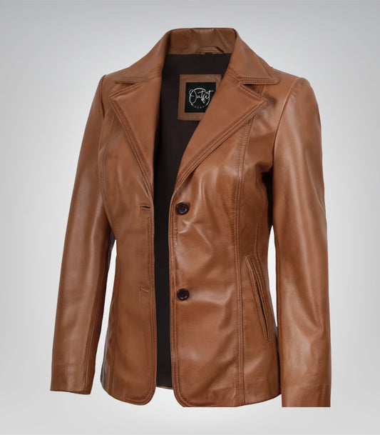 Women’s tan leather blazer with two-button closure