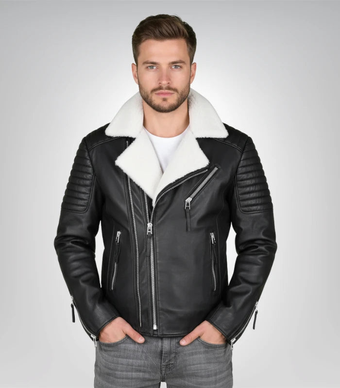 Men's black shearling biker leather jacket – classic motorcycle style