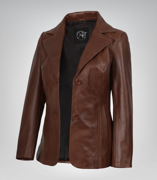 Women’s cognac real lambskin leather blazer