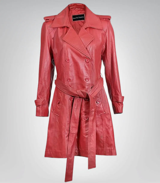Women’s red genuine leather trench coat with robe belt – elegant long design