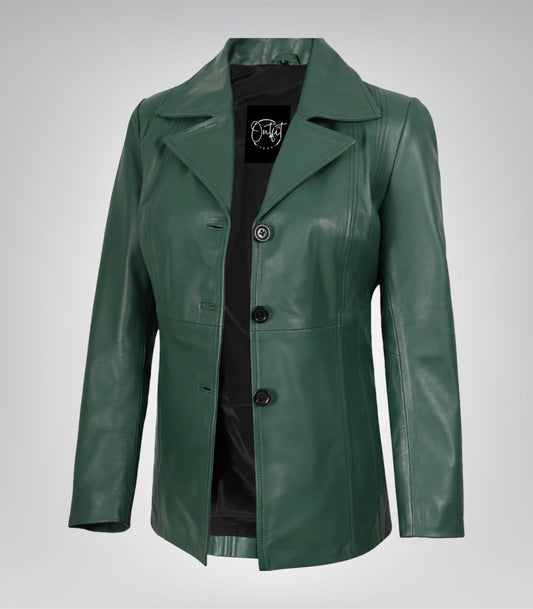 Women’s green real lambskin leather blazer