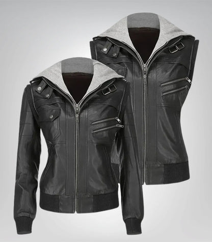 Women’s hooded black lambskin leather jacket – casual everyday style